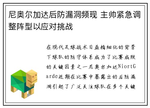 尼奥尔加达后防漏洞频现 主帅紧急调整阵型以应对挑战