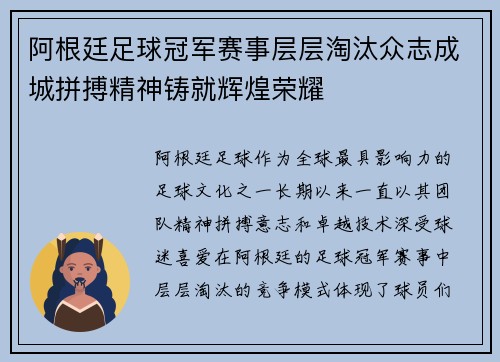 阿根廷足球冠军赛事层层淘汰众志成城拼搏精神铸就辉煌荣耀