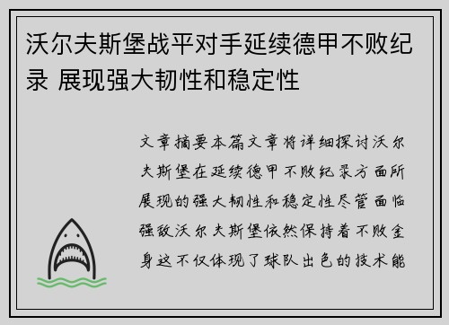 沃尔夫斯堡战平对手延续德甲不败纪录 展现强大韧性和稳定性