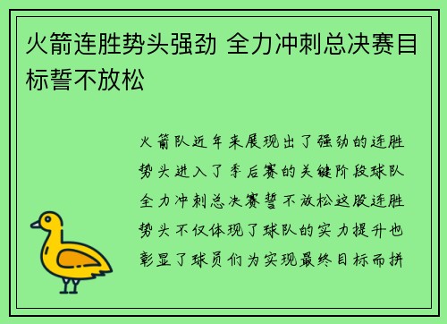 火箭连胜势头强劲 全力冲刺总决赛目标誓不放松