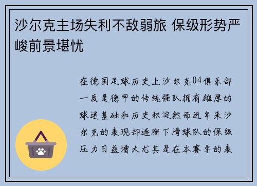 沙尔克主场失利不敌弱旅 保级形势严峻前景堪忧