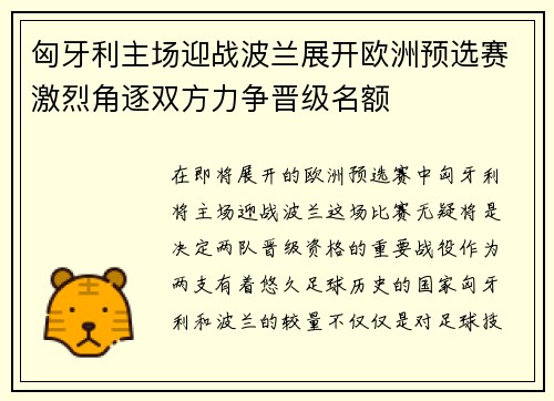 匈牙利主场迎战波兰展开欧洲预选赛激烈角逐双方力争晋级名额